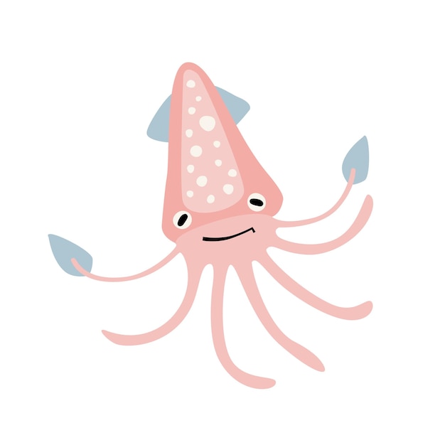 Cute cartoon sea pink squid flat style illustration