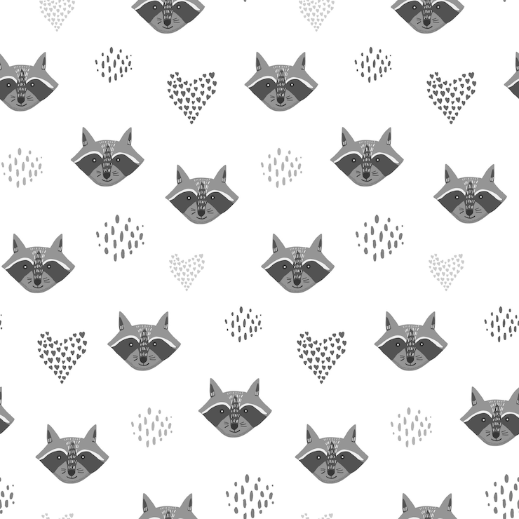 Vector cute cartoon seamless pattern with gray raccoons heads black hearts and dark dots on white