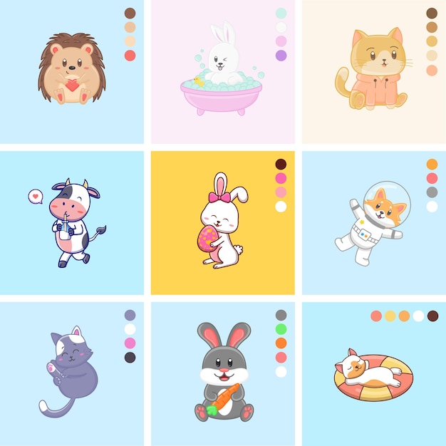 Cute cartoon set of animals illustrations Isolated animal vector Flat cartoon style