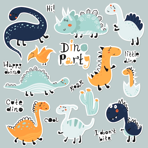 Vector cute cartoon set of dino stickers