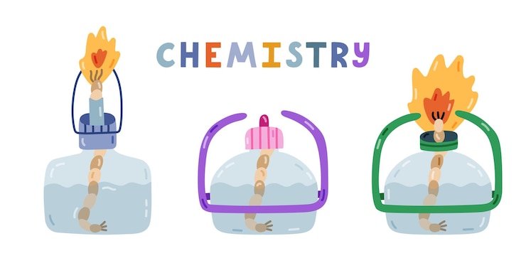Vector cute cartoon set with laboratory burner with alcohol liquid rope fire for heating flasks beaker