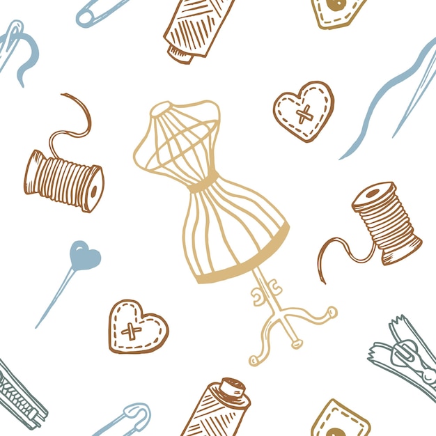 Vector cute cartoon sewing tools seamless pattern zipper needle and thread for fabric textile