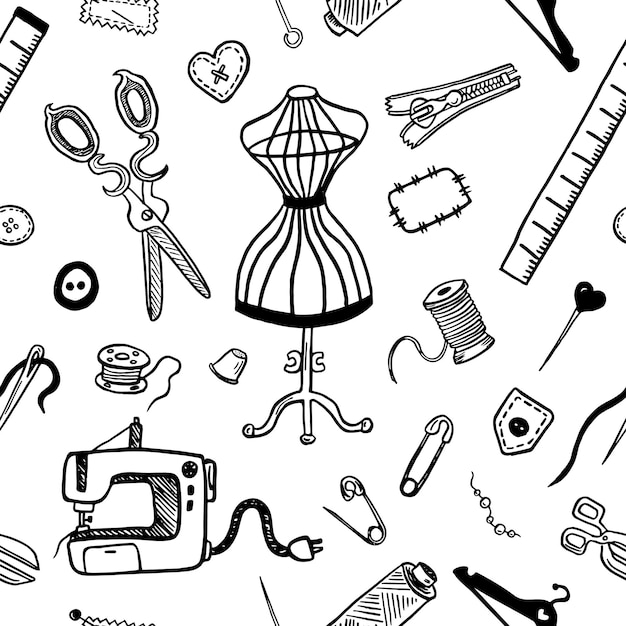 Cute cartoon Sewing tools seamless pattern Zipper needle and thread for fabric textile