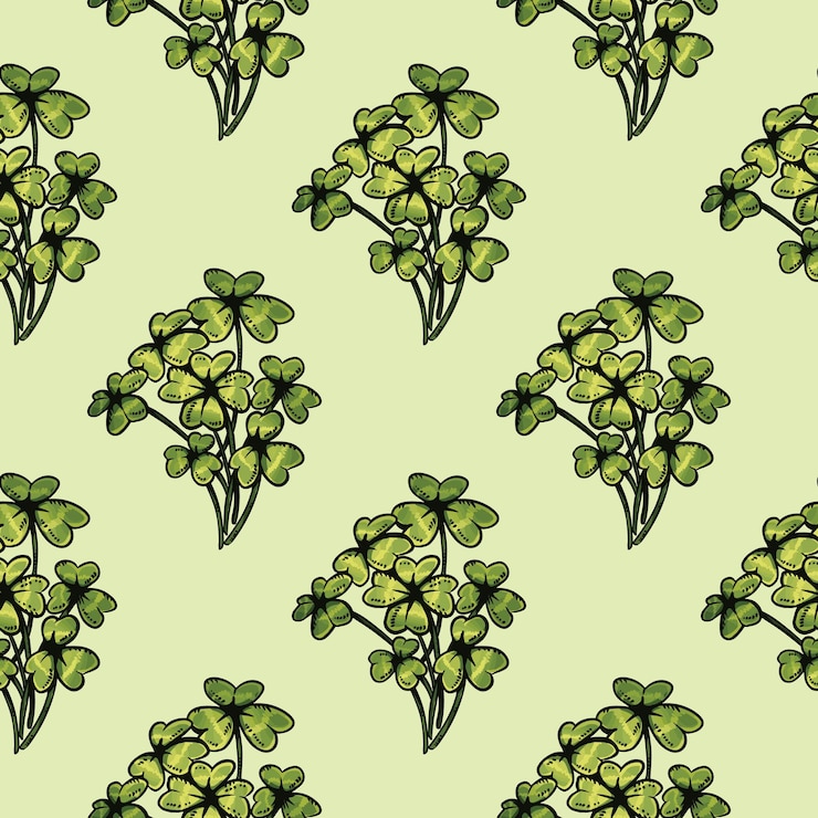 Vector cute cartoon shamrock clover flowers doodles seamless border pattern summertime vector repeatable background texture tile cozy template of stock print for wrapping design wallpaper