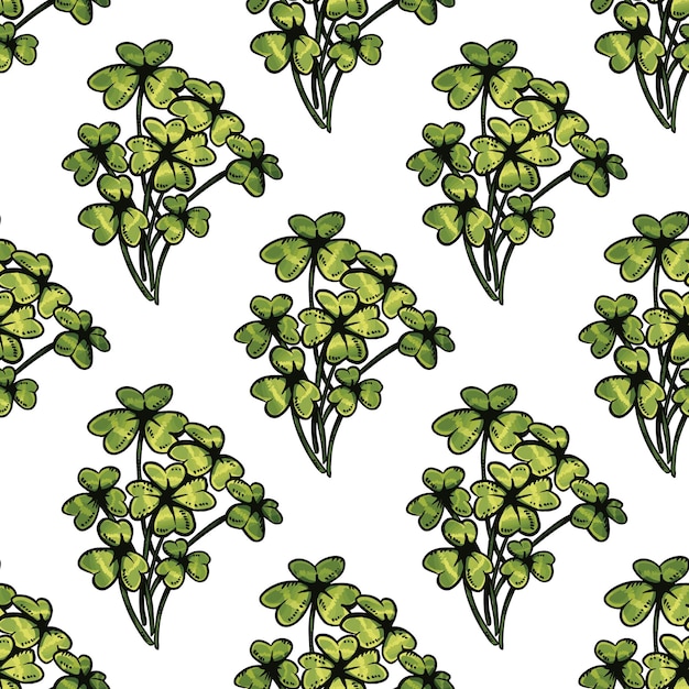 Cute cartoon shamrock clover flowers doodles seamless border pattern Summertime vector repeatable background texture tile Cozy template of stock print for wrapping design wallpaper