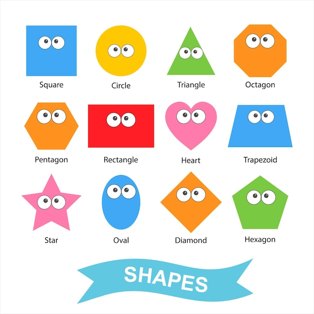 Vector cute cartoon shapes square circle ellipse triangle pentagon hexagon rectangle star and trapezoid for children's vector design illustration