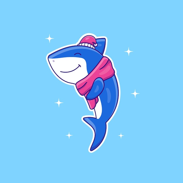 Vector cute cartoon shark wearing a hat and scarf vector illustration. animal isolated vector. flat cartoon