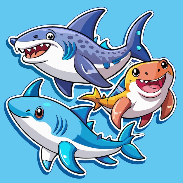 Cute cartoon sharks on a blue background