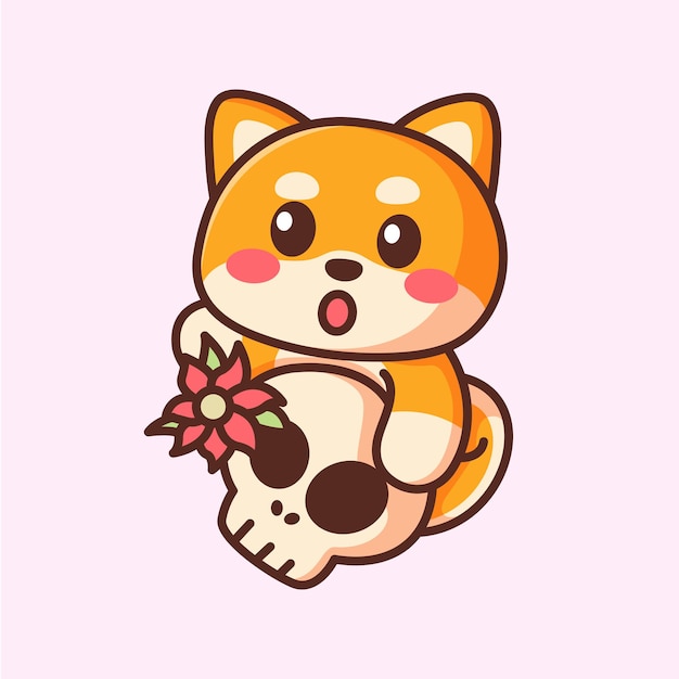 Cute cartoon Shiba Inu dog holding cute skull in hand