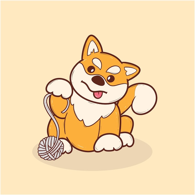 Vector cute cartoon shiba inu dog with a ball of yarn