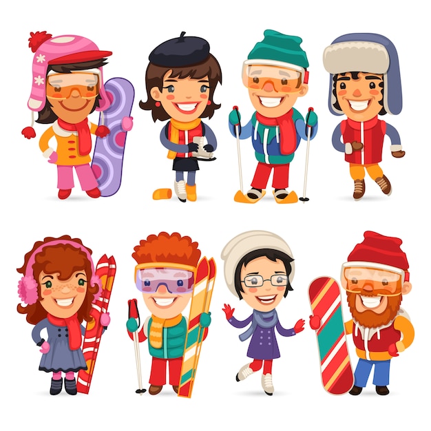 Cute cartoon skiers pattinatori e snowboarder