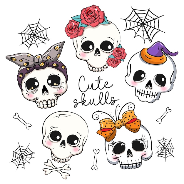 Cute cartoon skulls set Halloween party Vector illustration