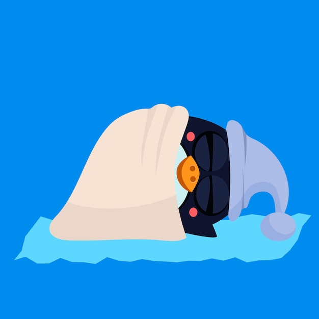 Cute cartoon sleeping penguin in a hood. vector illustration