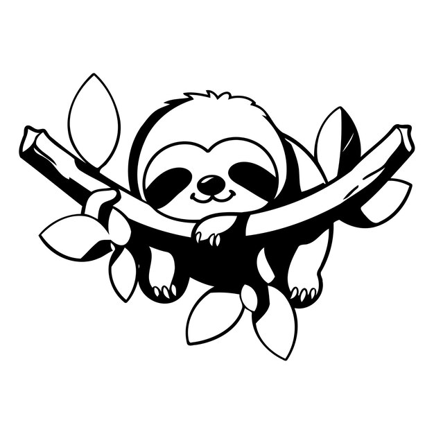 Vector cute cartoon sloth hanging on a tree branch vector illustration