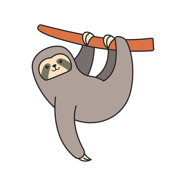 Vector cute cartoon sloth hanging on a tree vector illustration