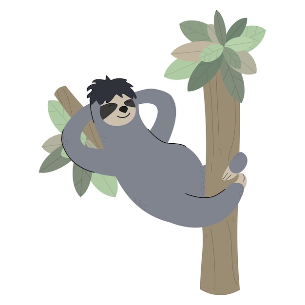 Cute cartoon sloth resting on a tree branch