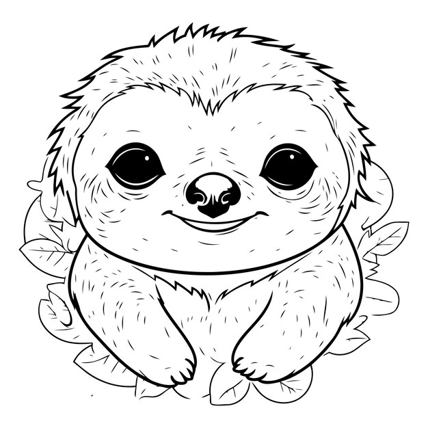 Vector cute cartoon sloth sitting on the leaves