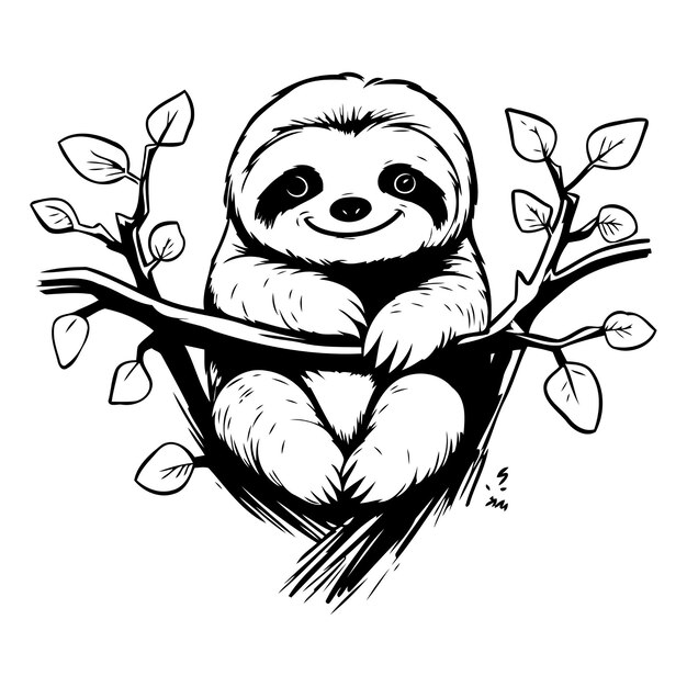 Cute cartoon sloth sitting on the tree branch Vector illustration