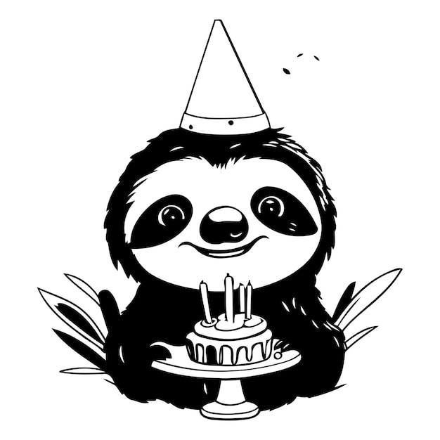 Vector cute cartoon sloth with birthday cake vector illustration on white background