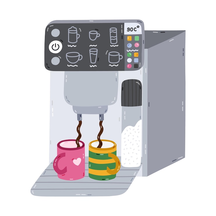 Vector cute cartoon smart coffee machine making coffee in mugs multiple buttons and settings