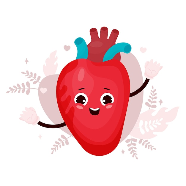 Simpatico cartone animato sorridente carattere di cuore sano organo di cardiologia umana felice divertente