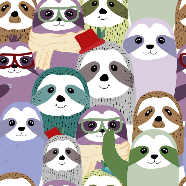 Cute cartoon smiling lazy sloth animal characters