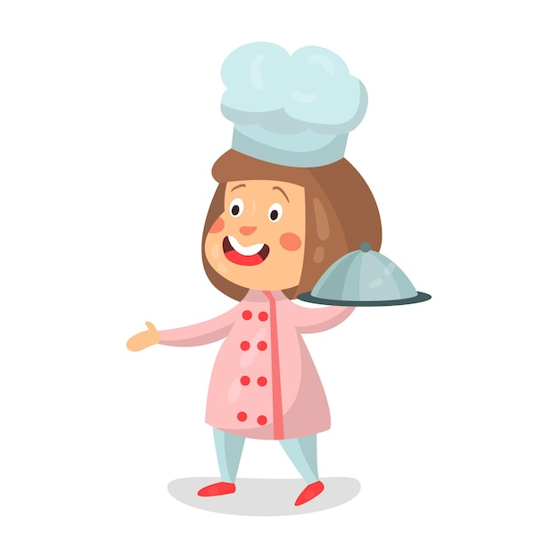 Cute cartoon smiling little girl chef character holding cloche platter vector Illustration isolated on a white background