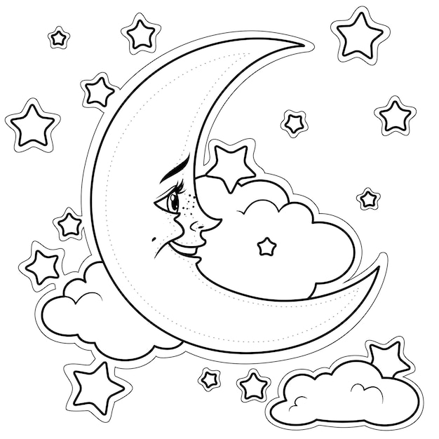 Cute cartoon smiling moon with clouds outlined for coloring on a white background