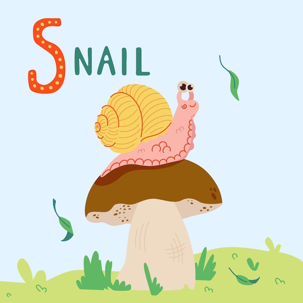 Cute cartoon snail on mushroom illustration isolated in green grass with falling leaves