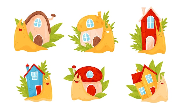 Cute cartoon snails carrying house on their backs vector illustrations set