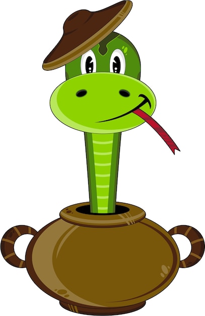 Вектор Симпатичный персонаж мультяшной змеи в глиняном горшке с красным языком