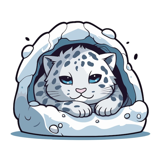 Cute cartoon snow leopard in a hole Vector illustration