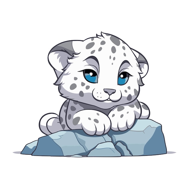 Vector cute cartoon snow leopard sitting on a rock vector illustration