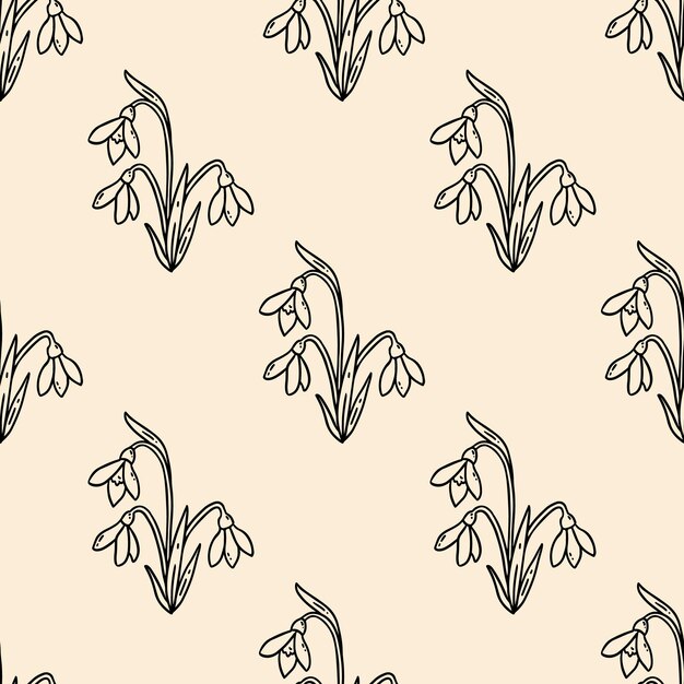 Cute cartoon snowdrops flowers doodles seamless border pattern Springtime vector repeatable background texture tile Cozy template of stock print for wrapping design wallpaper