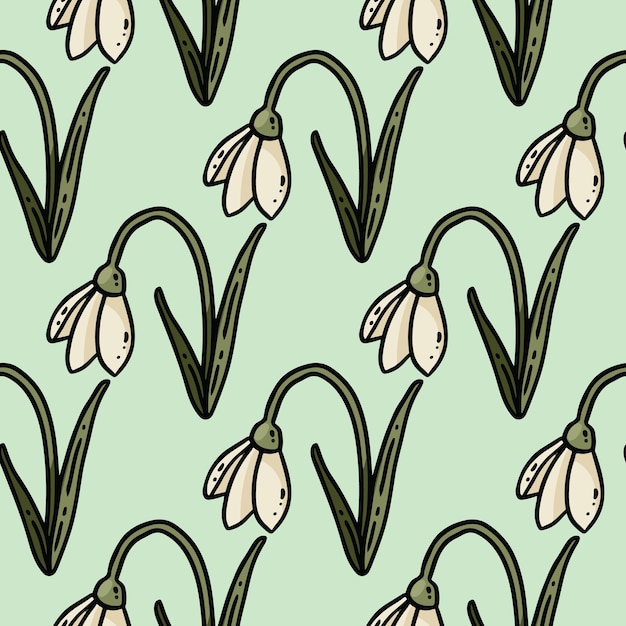 Cute cartoon snowdrops flowers doodles seamless border pattern Springtime vector repeatable background texture tile Cozy template of stock print for wrapping design wallpaper