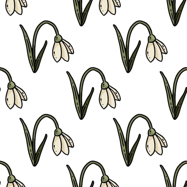 Cute cartoon snowdrops flowers doodles seamless border pattern Springtime vector repeatable background texture tile Cozy template of stock print for wrapping design wallpaper