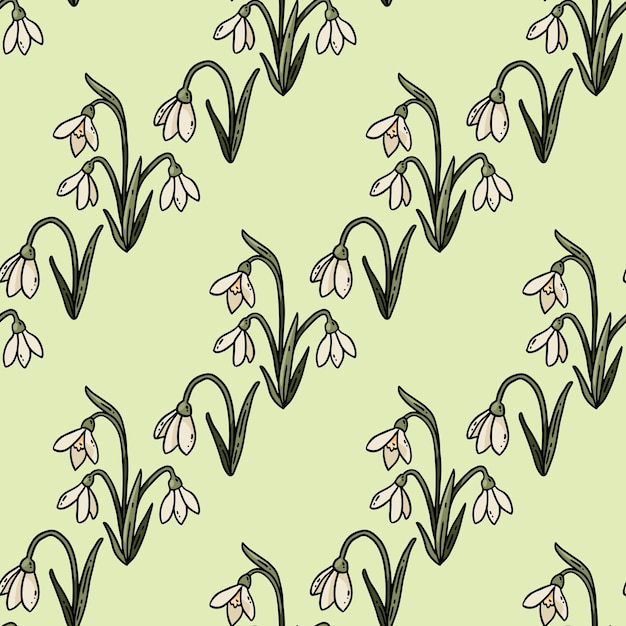 Vector cute cartoon snowdrops flowers doodles seamless border pattern springtime vector repeatable background texture tile cozy template of stock print for wrapping design wallpaper