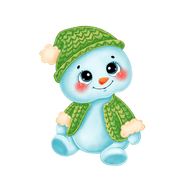 cute cartoon snowman in green knitted hat and sweater