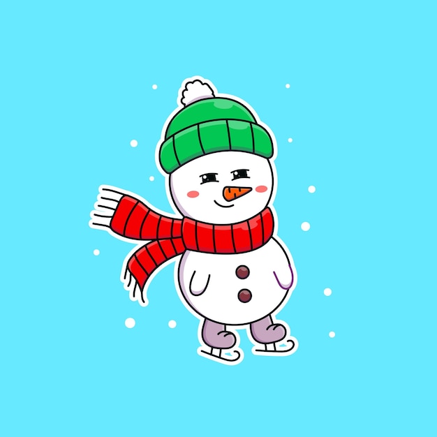 Cute cartoon snowman ice skating in vector illustration. isolated character vector