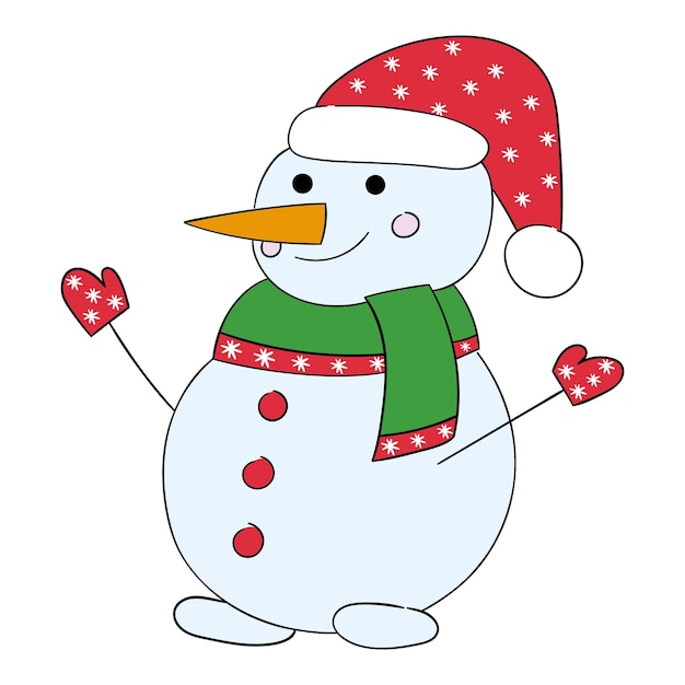Симпатичный мультяшный снеговик в красной шапке Санты Векторная иллюстрация