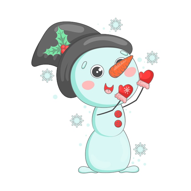 Cute cartoon snowman in a top hat decorated with holly catches snowflakes