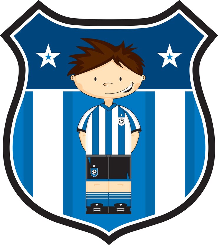 かわいい, 漫画, サッカー, フットボール選手, 中に, 盾, バッジ, スポーツ, イラスト