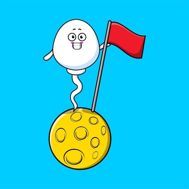 Cute cartoon Sperm character standing on the moon with flag in flat modern design