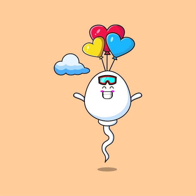 귀여운 만화 정자 마스코트는 풍선과 행복한 몸짓으로 스카이다이빙을 하고 있습니다.