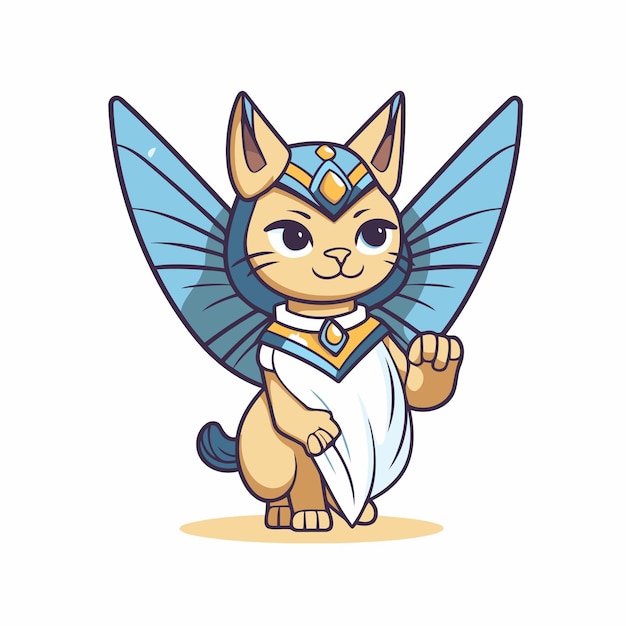 Cute cartoon sphinx with blue wings Vector illustration