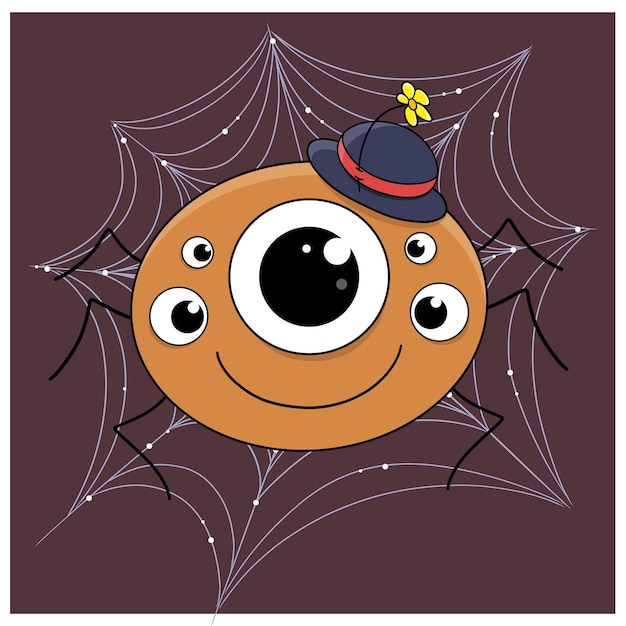 Cute cartoon spider gentleman in a hat with a flower A spider weaves a web Cute brown spider birds