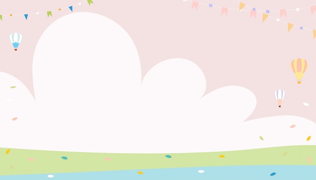 Cute cartoon spring background with copysace on green field with leaves falling in pastel colour, minimal background