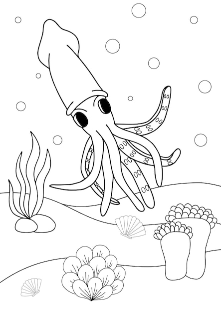 Vettore piccoli calamari dei cartoni animati libro da colorare o pagina per bambini vita marina