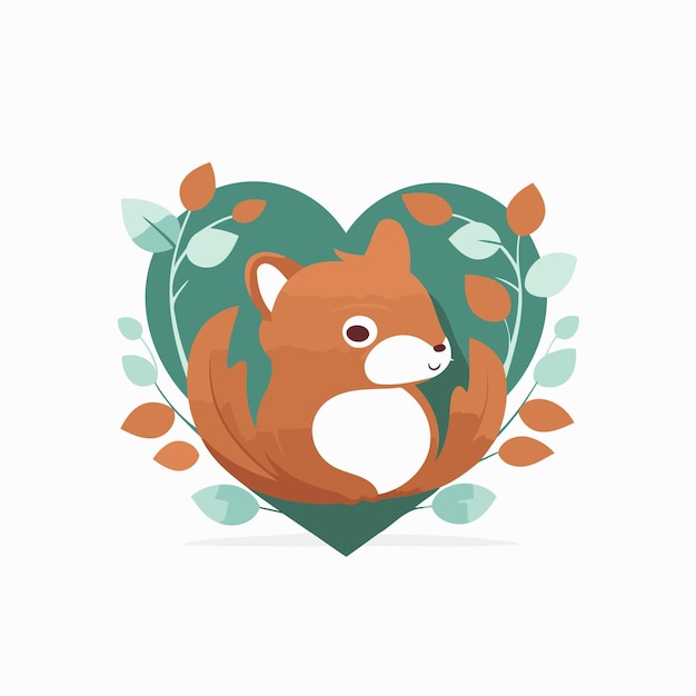 Vector cute cartoon squirrel in heart shape with leaves vector illustration