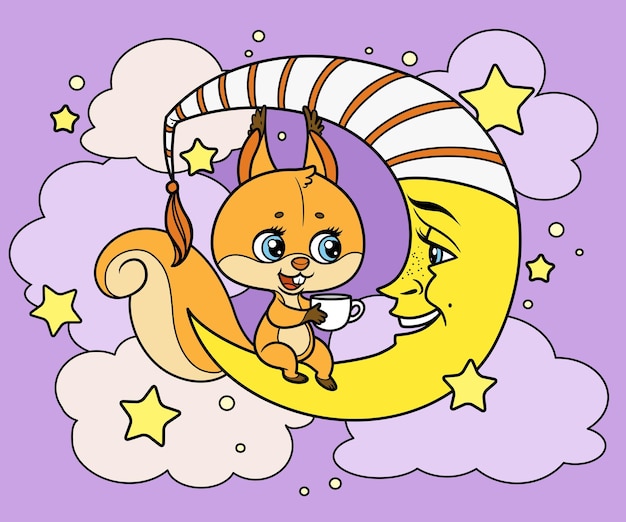 Cute cartoon squirrel holding a cup in paws sits on the crescent moon and tells something color variation for coloring page